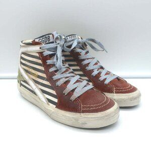 Golden Goose Slide Striped High Top Sneakers Burgundy Suede Size 36